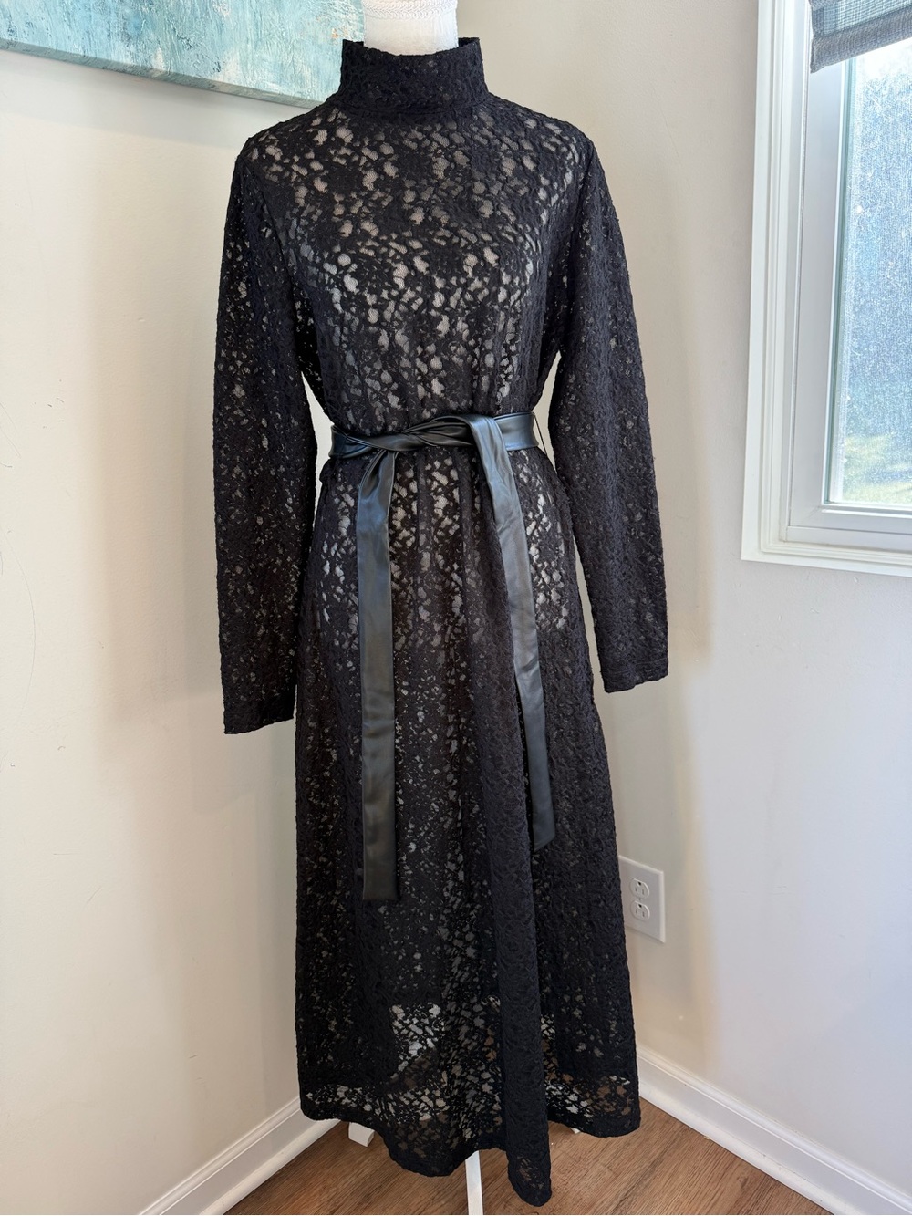 Anne Klein Whimsygoth Black Lace Dress With Faux Leather Belt Size Large